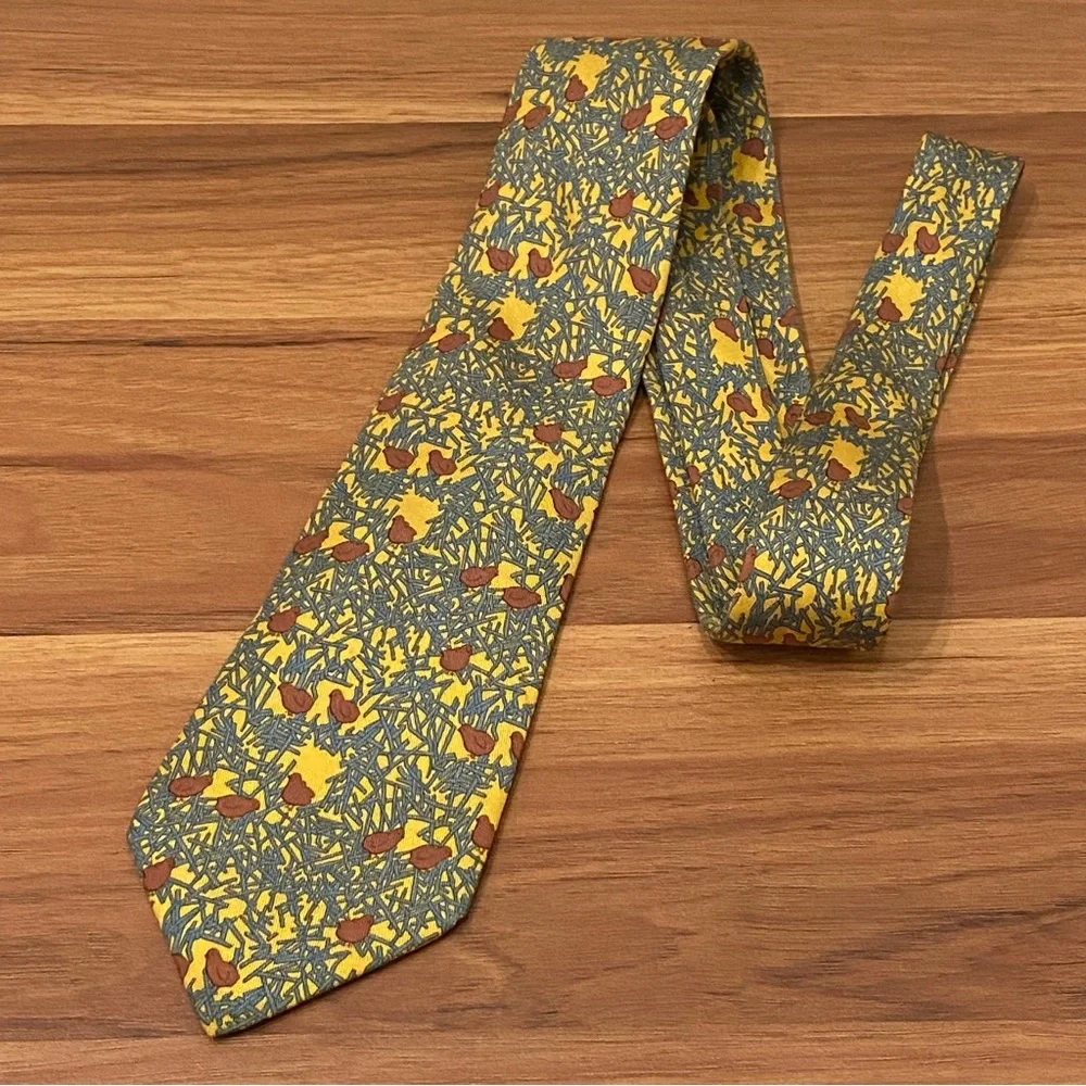 HERMÈS Paris 7364 PA Yellow Blue Quail Bird Chick Straw Print 100% Silk Necktie - Picture 2 of 15